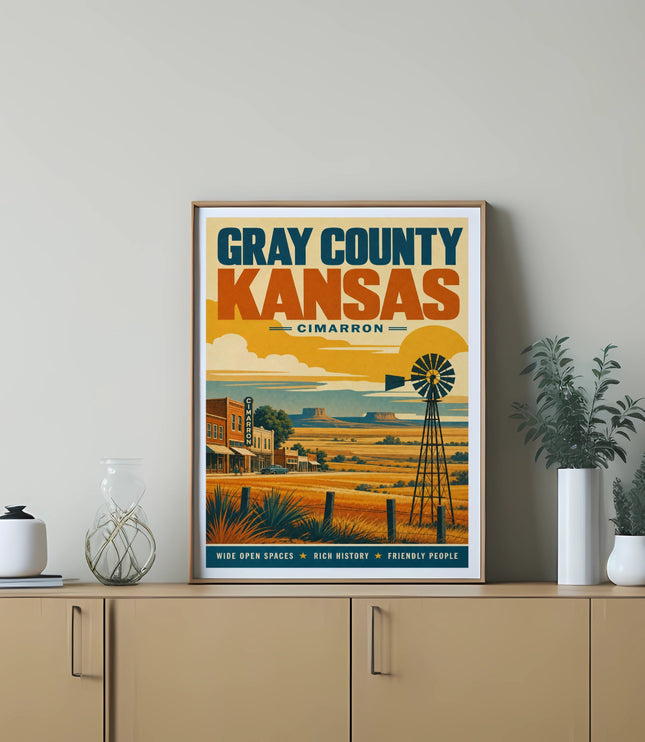 Gray County Kansas Cimarron poster with windmill and storefronts.