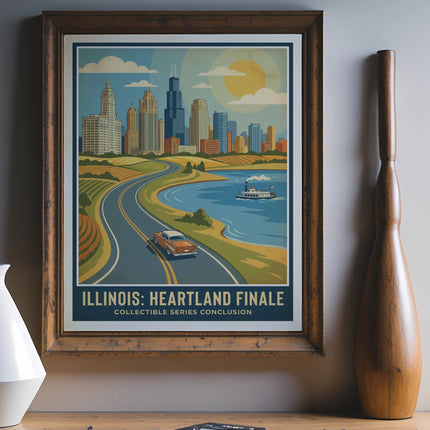 Retro Illinois Heartland Finale poster with a car, riverboat, and cityscape.