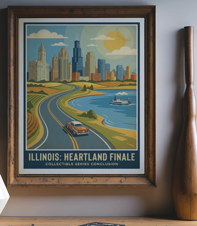 Retro Illinois Heartland Finale poster with a car, riverboat, and cityscape.