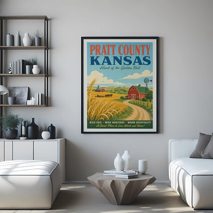 Pratt County, Kansas, vintage travel poster with farm scene and text.