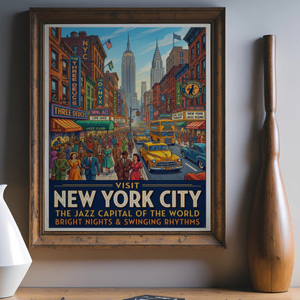Vintage "Visit New York City" poster featuring jazz clubs and city skyline.