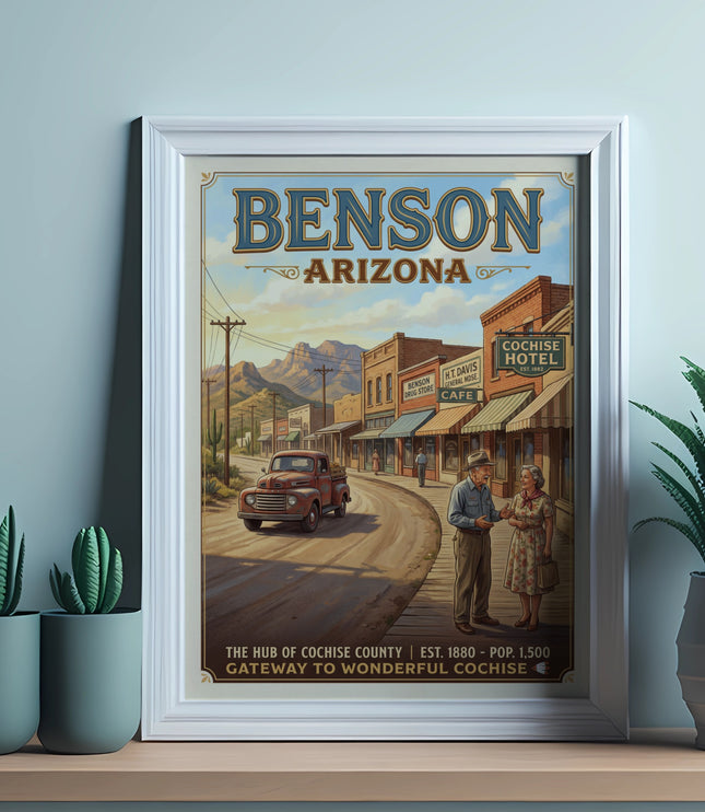 Vintage Benson Arizona poster with a red truck, couple, and buildings.