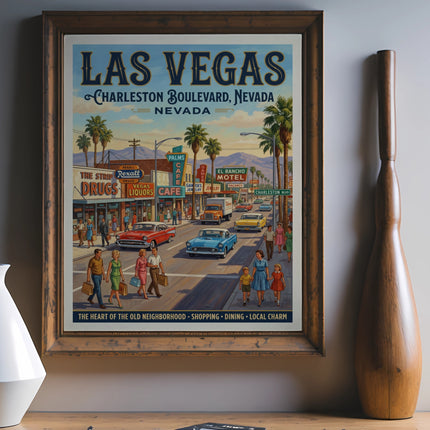 Vintage Las Vegas poster of Charleston Boulevard with cars and palm trees.