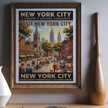 Vintage New York City poster of Greenwich Village with text.