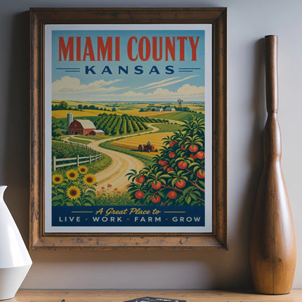 Miami County Kansas travel poster with farm scene and text.