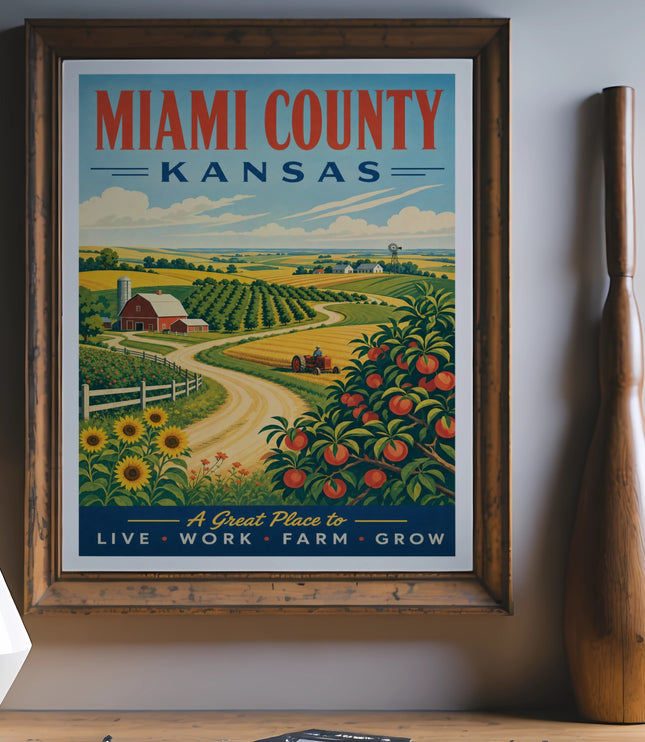 Miami County Kansas travel poster with farm scene and text.
