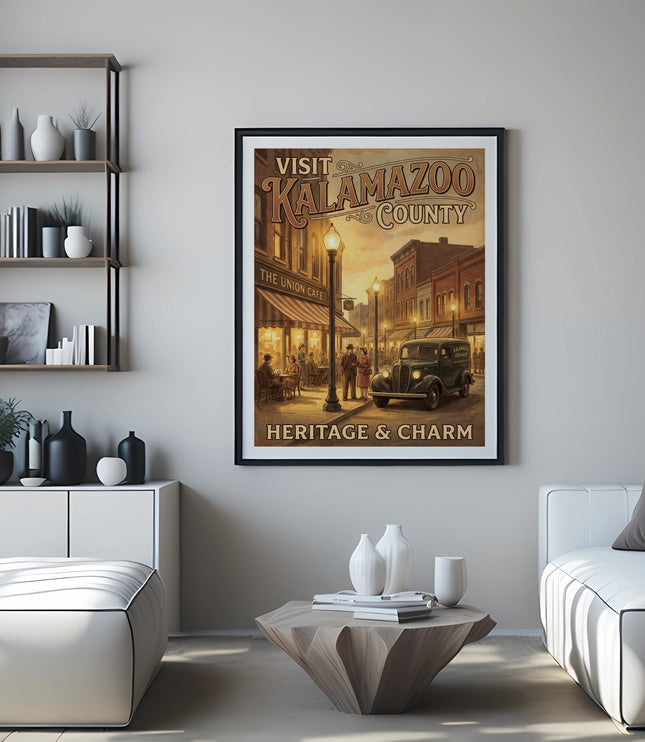 Vintage poster "Visit Kalamazoo County" with "The Union Cafe" and "Heritage & Charm".