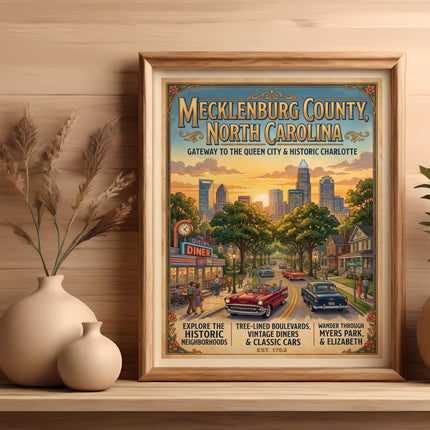 Mecklenburg County, North Carolina poster featuring Charlotte skyline, classic cars, and vintage diner.
