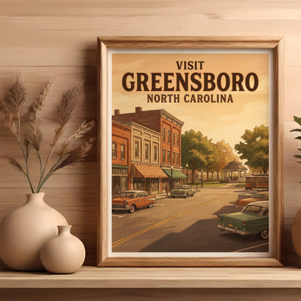 Retro travel poster of Greensboro, North Carolina with vintage cars and buildings.