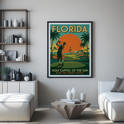 Poster of golfer on Florida course, "Florida Golf Capital of the Sun Coast."