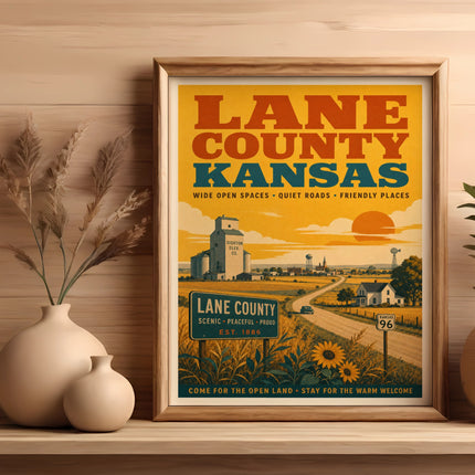 Lane County Kansas travel poster with scenic farmland and highway signs.