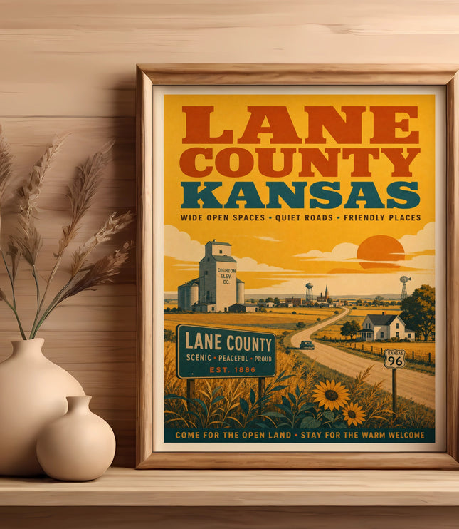 Lane County Kansas travel poster with scenic farmland and highway signs.