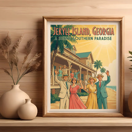 Jekyll Island, Georgia vintage travel poster with people on a porch.