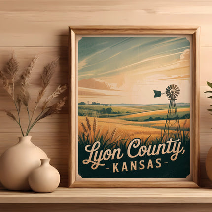 Framed "Lyon County Kansas" art with windmill and rolling hills.