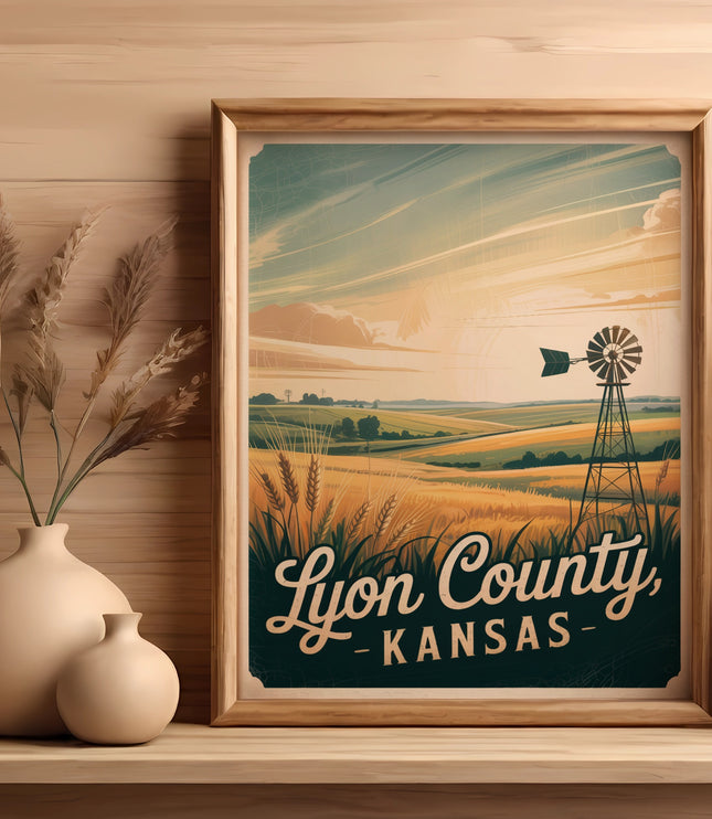 Framed "Lyon County Kansas" art with windmill and rolling hills.