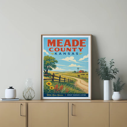Meade County, Kansas poster with farm scene and text "Wide Open Spaces".