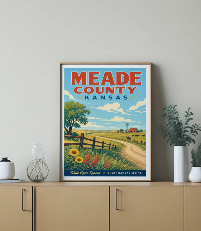 Meade County, Kansas poster with farm scene and text "Wide Open Spaces".