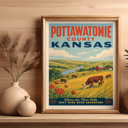 Pottawatomie County Kansas vintage travel poster with cows and flowers.