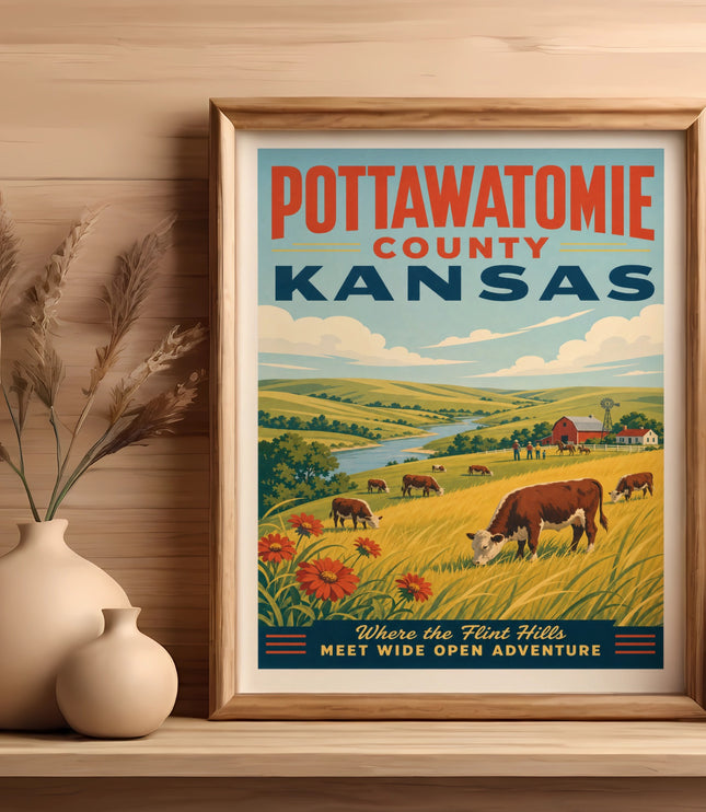 Pottawatomie County Kansas vintage travel poster with cows and flowers.