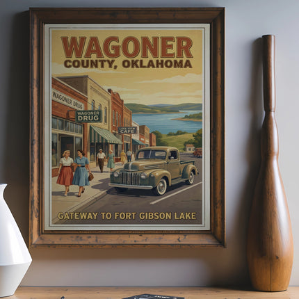 Wagoner County, Oklahoma art shows a vintage truck and town by Fort Gibson Lake.