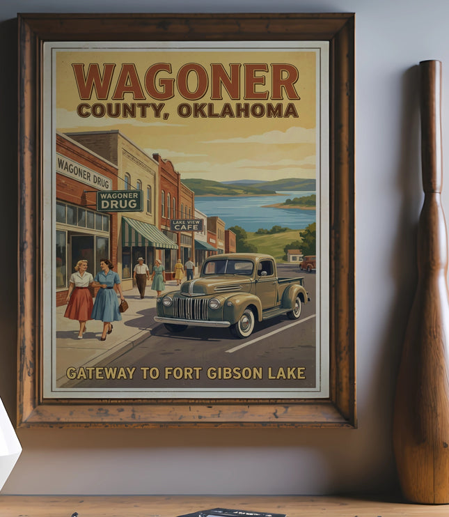 Wagoner County, Oklahoma art shows a vintage truck and town by Fort Gibson Lake.
