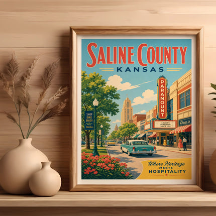 Vintage Saline County, Kansas travel poster showing a street scene.