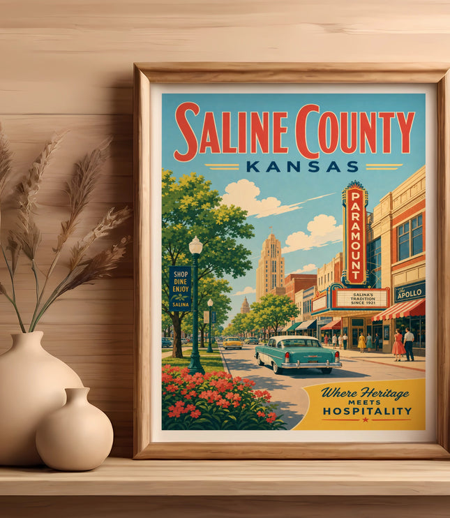 Vintage Saline County, Kansas travel poster showing a street scene.