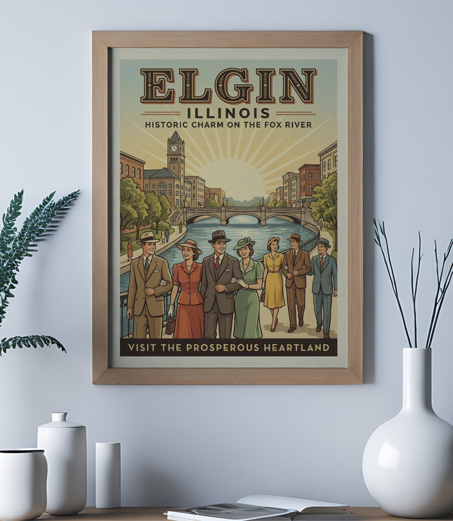 Elgin Illinois poster depicting historic charm on the Fox River with a sunburst and people.