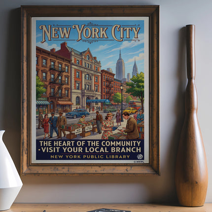 New York City Public Library poster with vintage scene, shops, and people.