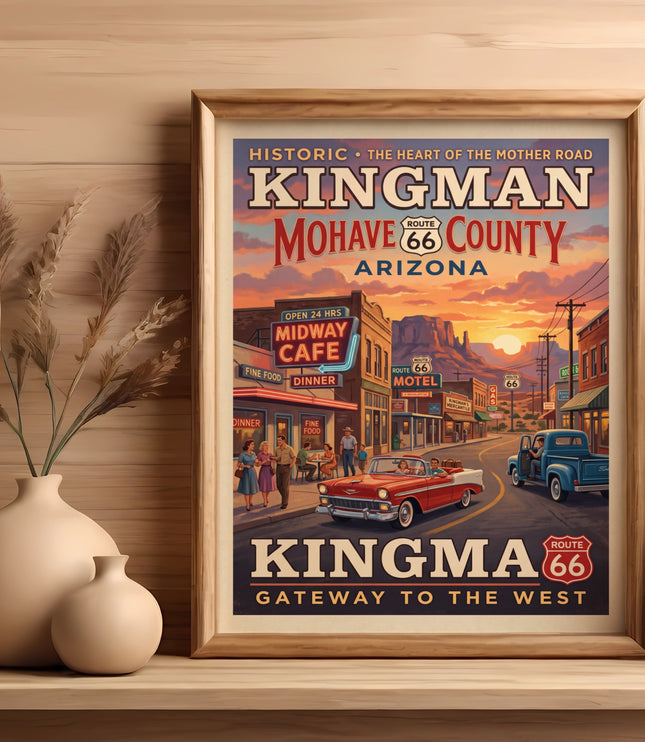 Vintage poster of Kingman, Arizona, Route 66, with retro cars and diners at sunset.