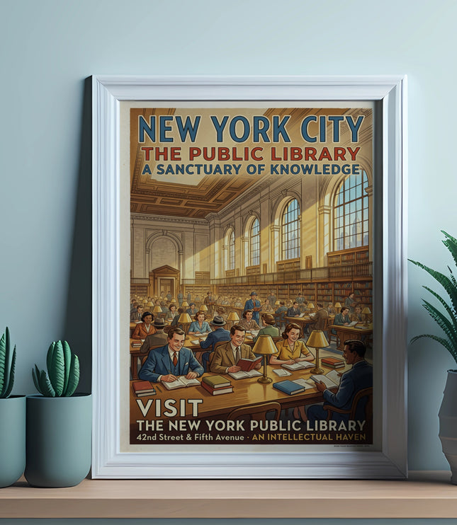 New York City Public Library poster with people reading in a library.