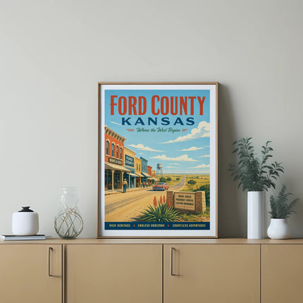 Ford County, Kansas travel poster with vintage street scene.