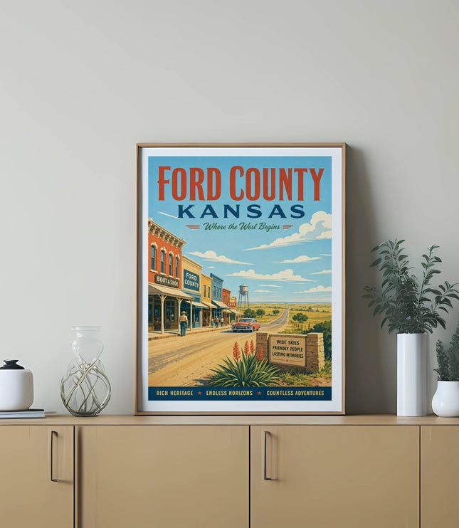 Ford County, Kansas travel poster with vintage street scene.
