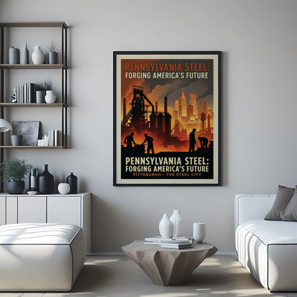 Poster with "Pennsylvania Steel: Forging America's Future" text over industrial city scene.