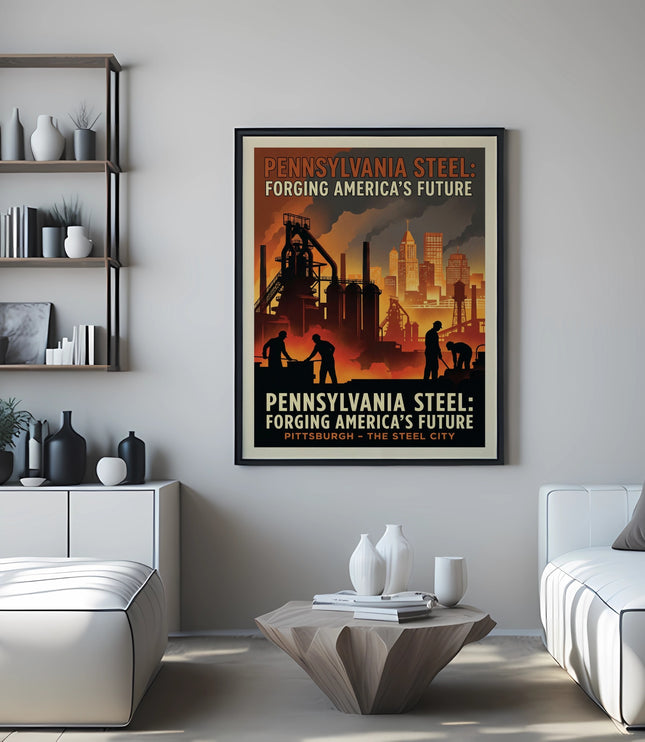 Poster with "Pennsylvania Steel: Forging America's Future" text over industrial city scene.