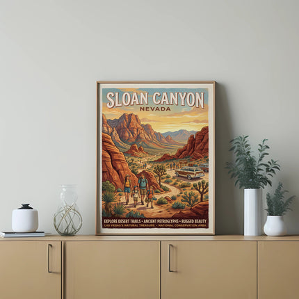 Sloan Canyon Nevada poster with desert landscape, people, and text.