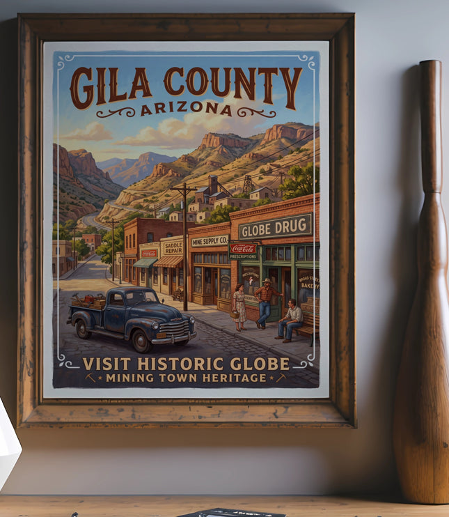 Gila County Arizona vintage poster with a retro truck and mining town street scene.