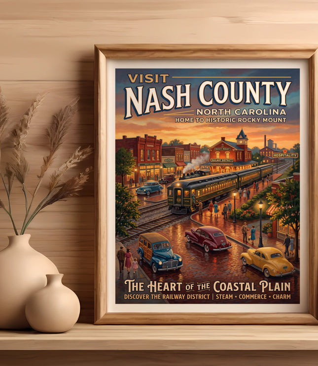 Nash County, NC poster with train station, vintage cars, and text "The Heart of the Coastal Plain".