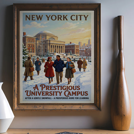 Vintage New York City university campus poster in snow.