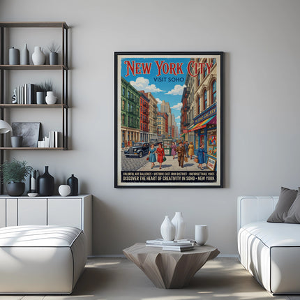 Vintage New York City Soho poster with colorful street scene and gallery text.