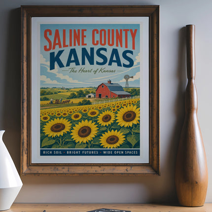 Retro poster of SALINE COUNTY KANSAS with sunflowers and a barn.