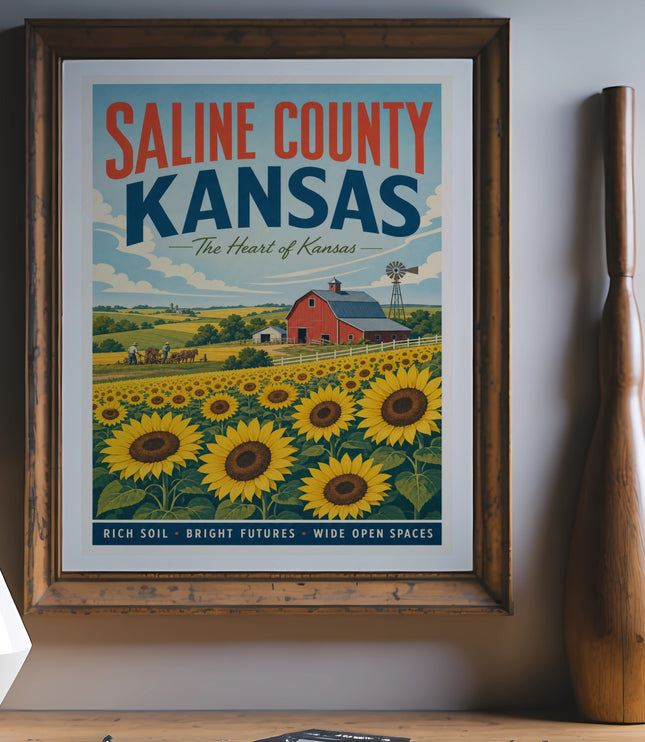 Retro poster of SALINE COUNTY KANSAS with sunflowers and a barn.