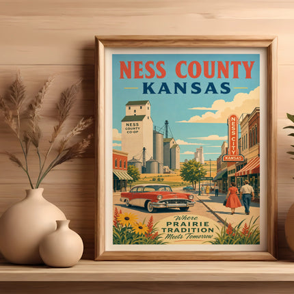 Vintage Ness County, Kansas travel poster with co-op and classic car.