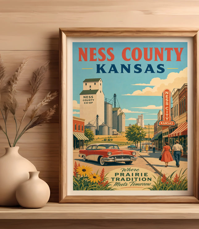 Vintage Ness County, Kansas travel poster with co-op and classic car.