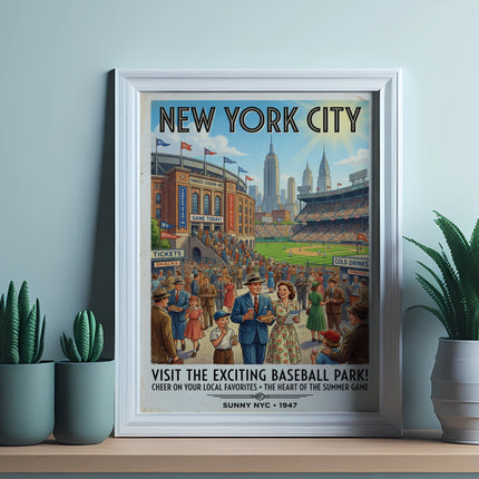 Vintage "Visit the Exciting Baseball Park!" poster featuring Yankee Stadium crowds and cityscape.