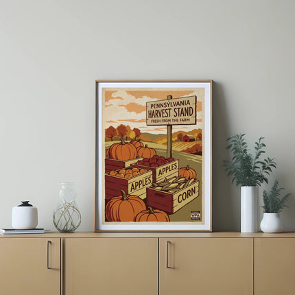 Framed vintage "Pennsylvania Harvest Stand" poster featuring pumpkins and apples.