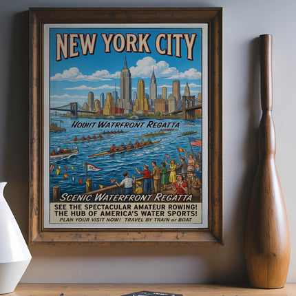 New York City waterfront regatta poster with rowers and skyline.