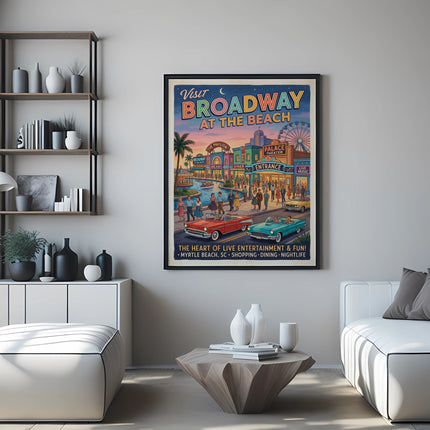 Vintage poster "Visit Broadway at the Beach" art with cars and people.