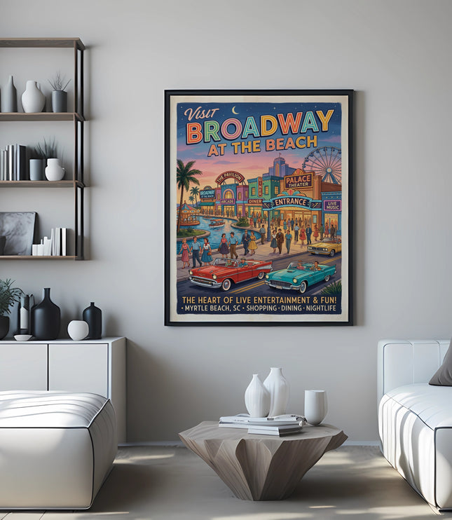 Vintage poster "Visit Broadway at the Beach" art with cars and people.