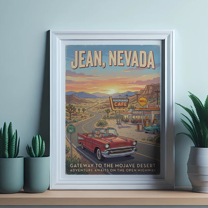 Jean, Nevada poster with vintage car, Shell diner, and desert landscape.